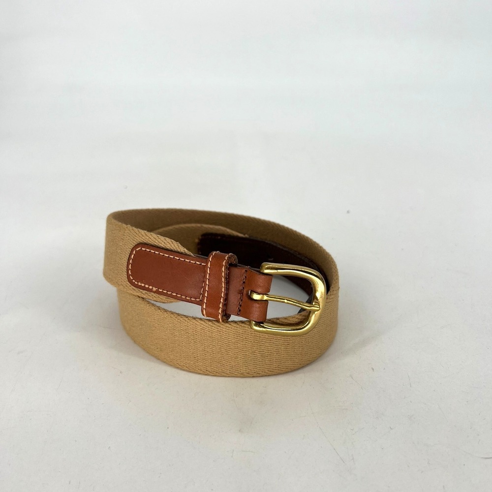 Vtg Dooney & Bourke At Ease Belt‎ Womens 26 Tan Canvas Brown Leather Solid Brass